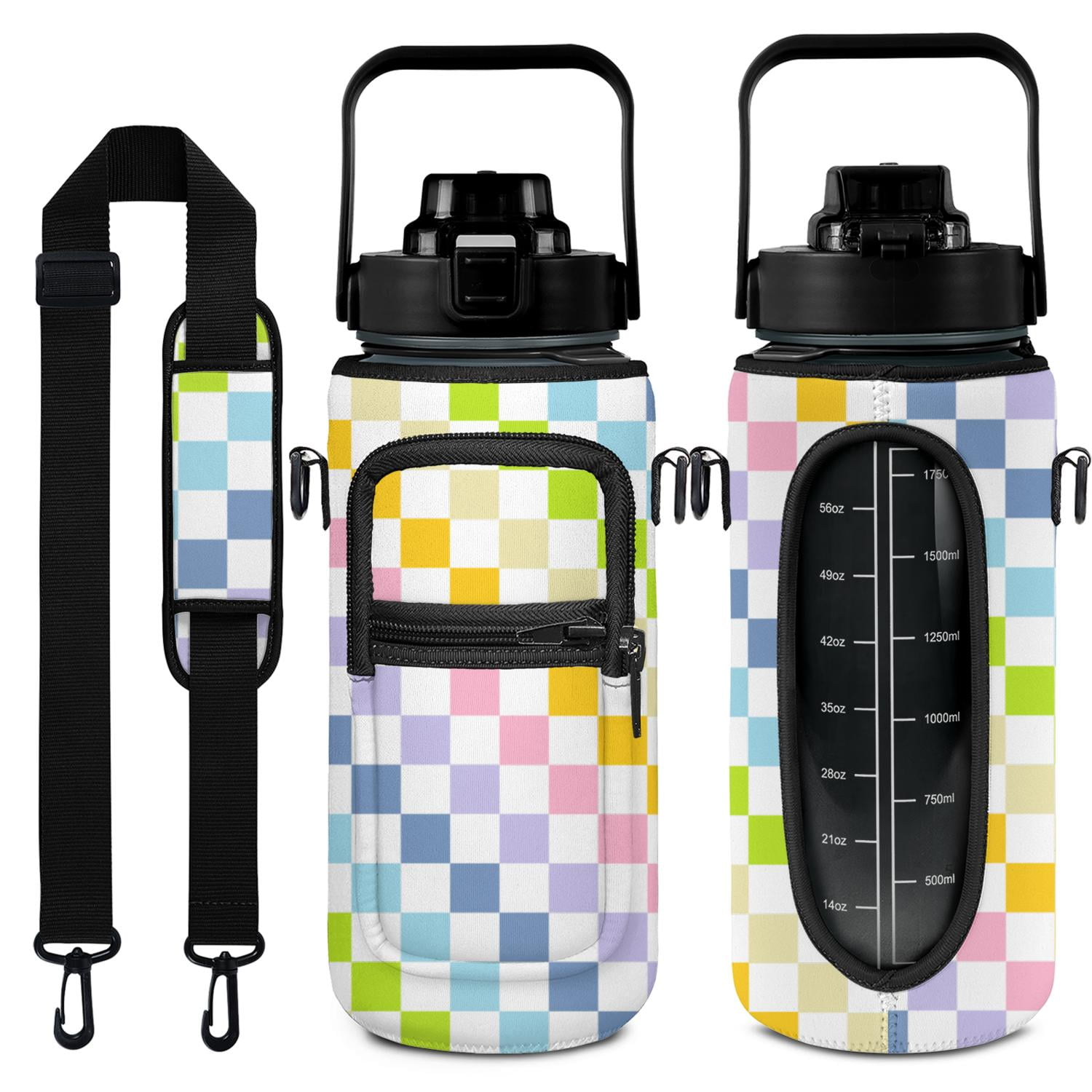 Rainbow Checkerboard 64 Oz Water Bottle with Measurements - BPA Free Leakproof Sport Large Plastic Water Bottle with Straw Strap & Insulated Neoprene Holder Carrier Bag Great Gift for Women Men