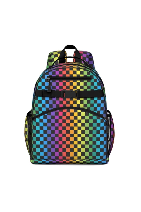 Rainbow Checkerboard Backpack for School,Cute School Bag,Schoolbag with Adjustable Shoulder Straps & Padded Back,15.25"x11.5"x5.25"