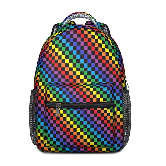 Rainbow Checkerboard Backpack for School,Cute School Bag,Schoolbag with Adjustable Shoulder Straps & Padded Back,15.3"x11"x6.7"
