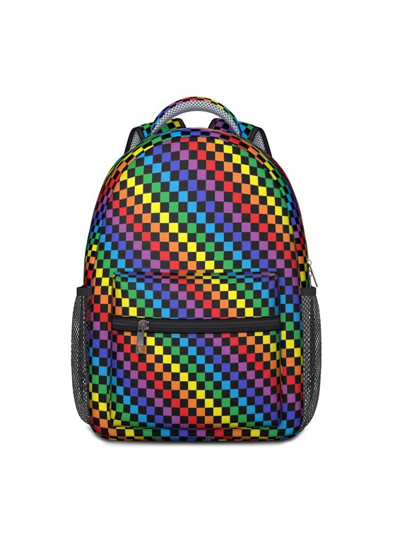 Rainbow Checkerboard Backpack for School,Cute School Bag,Schoolbag with Adjustable Shoulder Straps & Padded Back,15.3"x11"x6.7"