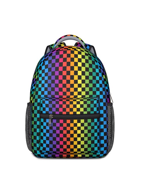 Rainbow Checkerboard Backpack for School,Cute School Bag,Schoolbag with Adjustable Shoulder Straps & Padded Back,15.3"x11"x6.7"