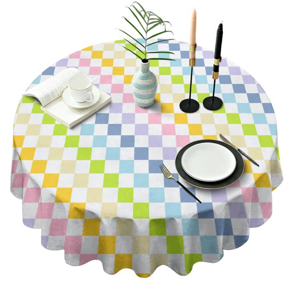Rainbow Checkerboard Colorful Round Table Cloth,Wrinkle Free Table Cover with Polyester,Waterproof Reusable Round Table Cloths for Easter Birthday Picnic Wedding (Round,60x60inch)