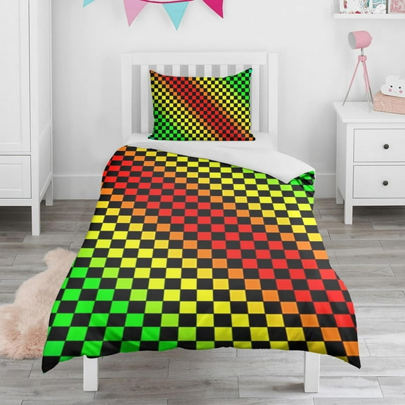 Rainbow Checkerboard Duvet Cover and Pillowcase Set for Single Bedding, Bedroom Accessories for Kids Teens