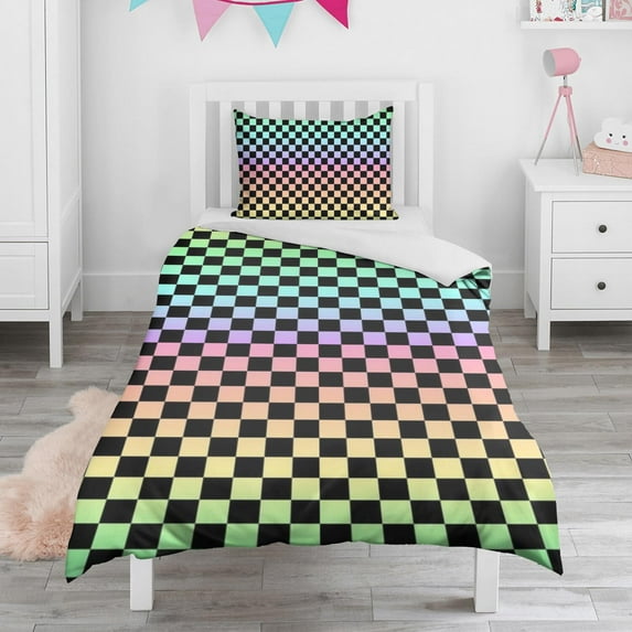 Rainbow Checkerboard Duvet Cover and Pillowcase Set for Single Bedding, Bedroom Accessories for Kids Teens