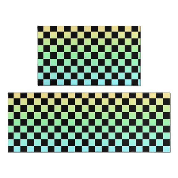 Rainbow Checkered Pattern Anti Fatigue Kitchen Rugs Set Of 2, Non Slip Washable Decorative Floor Mats for Kitchen Sink Laundry, 17"x30" and 17"x47"