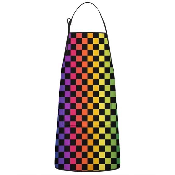 Rainbow Checkered Pattern Apron-Garden Aprons for Women with Pockets-Cotton Linen Waterproof Kitchen Cooking Gardening Aprons Adjustable for Kitchen,Cooking,BBQ and Salon 33x27 Inch