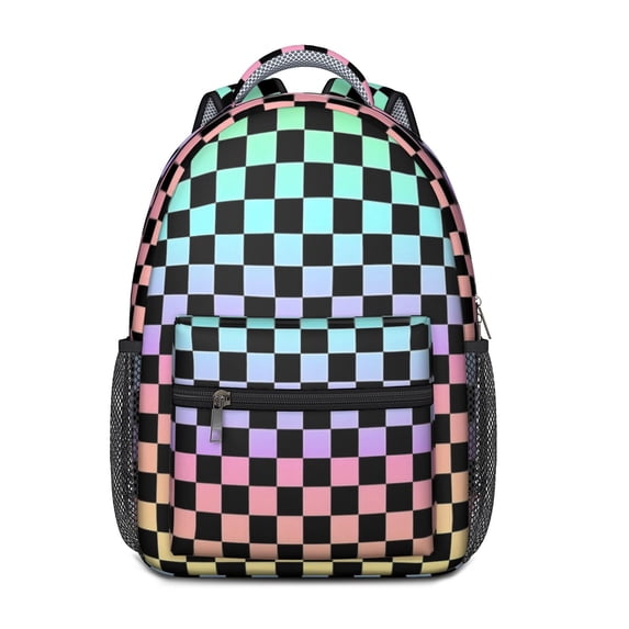 Rainbow Checkered Pattern Backpack for School, Cute School Bag with Adjustable Shoulder Straps and Padded Back, 15.3"x11"x6.7"