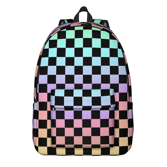 Rainbow Checkered Pattern Backpack for School, Cute School Bag with Adjustable Shoulder Straps and Padded Back, 15.7"x11.8"x5.5"