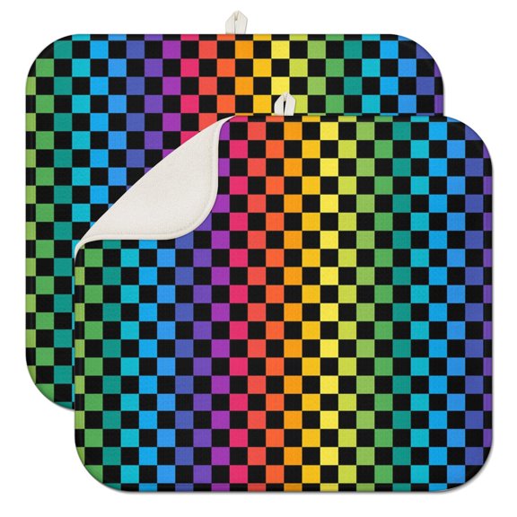 Rainbow Checkered Pattern Dish Drying Mat for Kitchen 1 Pack, Ultra Absorbent Microfiber Dishes Drainer Mats,16"x18"