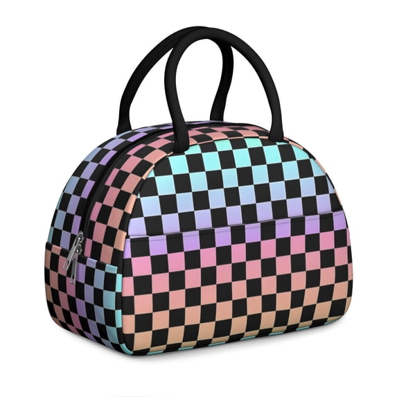 Rainbow Checkered Pattern Insulated Lunch Bag,Leakproof Large Capacity Lunch Box for Work,Picnic or Travel,11.4 X 6.7 X 8.3 Inches