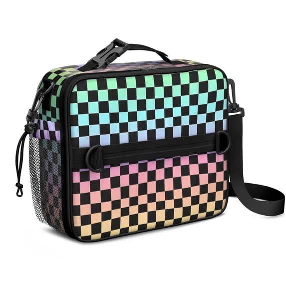 Rainbow Checkered Pattern Insulated Lunch Bag with Shoulder Strap and Bottle Holder,Bento School Lunch Bag Box,11x9.5x3.5 Inches
