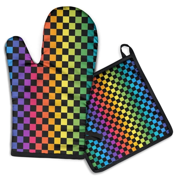 Rainbow Checkered Pattern Kitchen Oven Mitt and Pot Holder Sets 2 Pcs for Baking, Cooking and Grilling, Heat Resistant Up To 392 °F