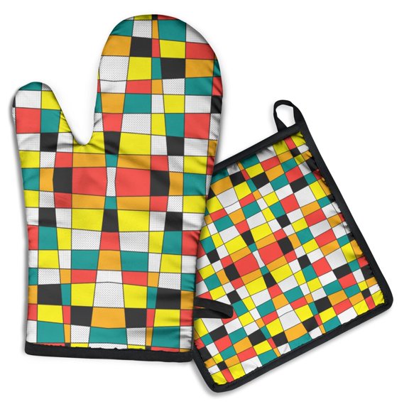 Rainbow Checkered Pattern Kitchen Oven Mitt and Pot Holder Sets 2 Pcs for Baking, Cooking and Grilling, Heat Resistant Up To 392 °F