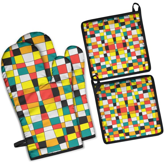 Rainbow Checkered Pattern Kitchen Oven Mitt and Pot Holder Sets 4 Pcs for Baking, Cooking and Grilling, Heat Resistant Up To 392 °F
