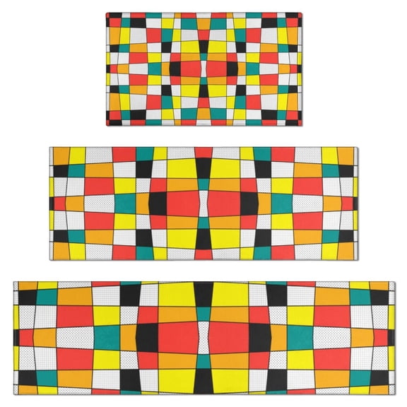 Rainbow Checkered Pattern Kitchen Rugs Sets Of 3,Kitchen Runner Rugs Non Skid Washable,Decorative Kitchen Floor Mats for Kitchen,Sink,Laundry,17"x30"+ 17"x47" + 17"x59"