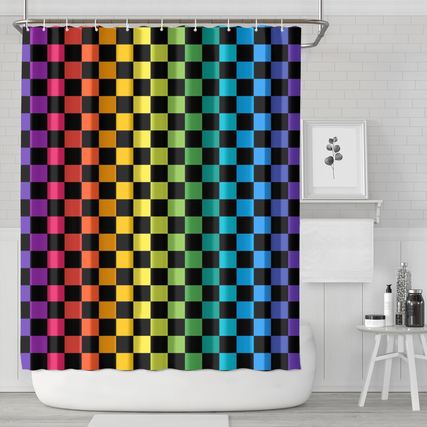 Rainbow Checkered Pattern Shower Curtain 84"x72" ,Bathroom Decorative Shower Curtains Set with 12 Hooks,Modern Waterproof Washable Shower Curtain