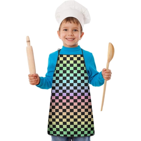 Rainbow Checkered Pattern Teens Aprons, Adjustable Neck Strap, Toddler & Teens Aprons for Cooking & Baking, 19x23.6 Inches