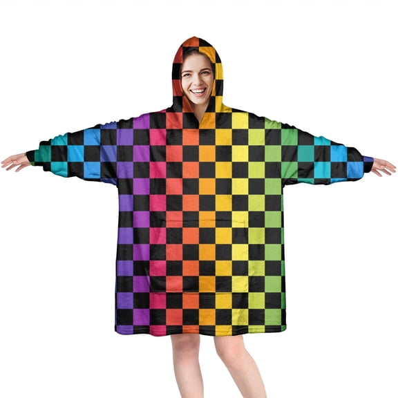 Rainbow Checkered Pattern Wearable Oversized Blanket,Wearable Blanket Hoodie for Adults,Cozy Hooded Blankets with Super Pockets,Super Warm Fuzzy Pullover for Women & Men