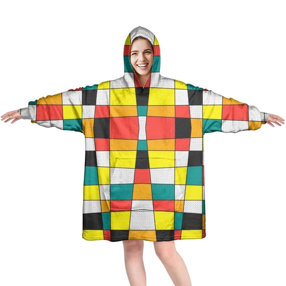 Rainbow Checkered Pattern Wearable Oversized Blanket,Wearable Blanket Hoodie for Adults,Cozy Hooded Blankets with Super Pockets,Super Warm Fuzzy Pullover for Women & Men