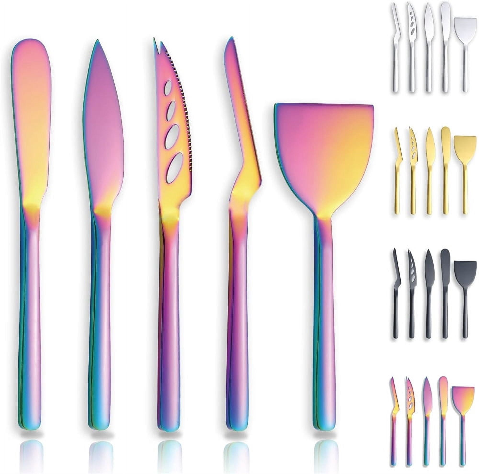 Rainbow Cheese Knife Set of 3, NOGIS Ergonomic Design Titanium Golden Plated Cheese Slicer, Butter Knife Spreader, Cheese Cutter, Cheese Knives for All Type of Cheese