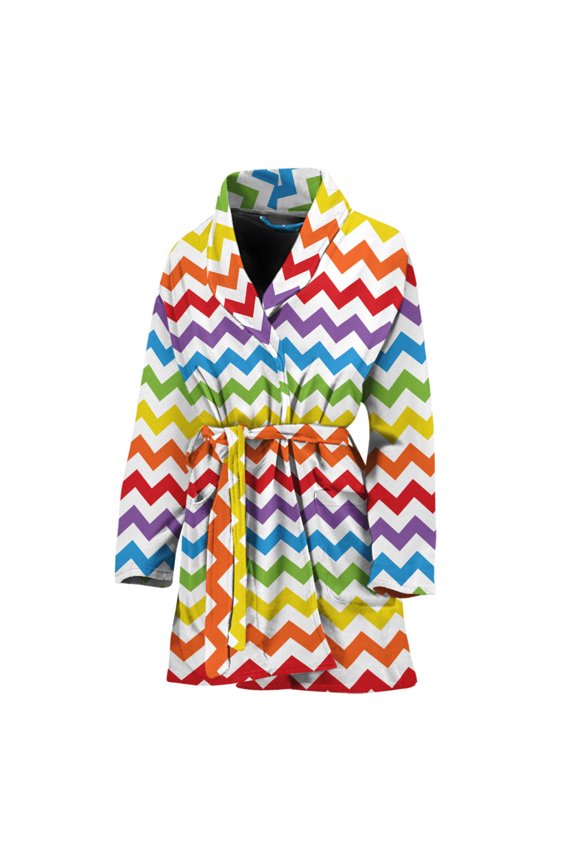 Rainbow Chevron Pattern Women Bathrobe One Size Univeral Fits, Rainbow Colorful Fashion Lightweight Plush Fleece Long Robe For Women