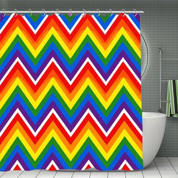 Rainbow Chevron Zigzag Pattern Print Shower Curtain,Cloth Fabric Waterproof Polyester Bathroom Home Decor Set with Hooks