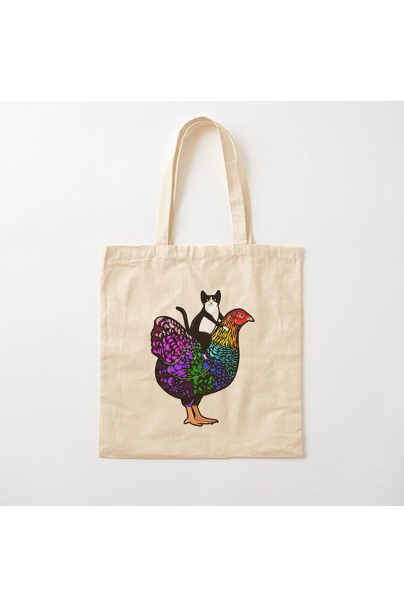 Rainbow Chicken Ride Canvas Tote Bags, Reusable Shopping Bag