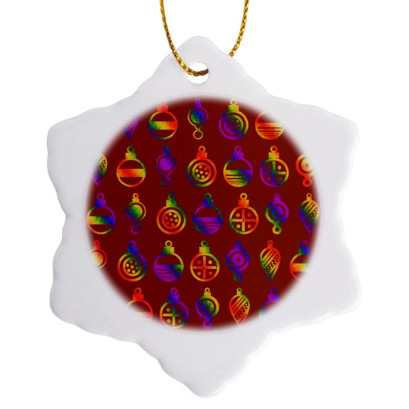 3drose, Rainbow Christmas Ornaments on Red, 3 inch Snowflake Porcelain Ornament