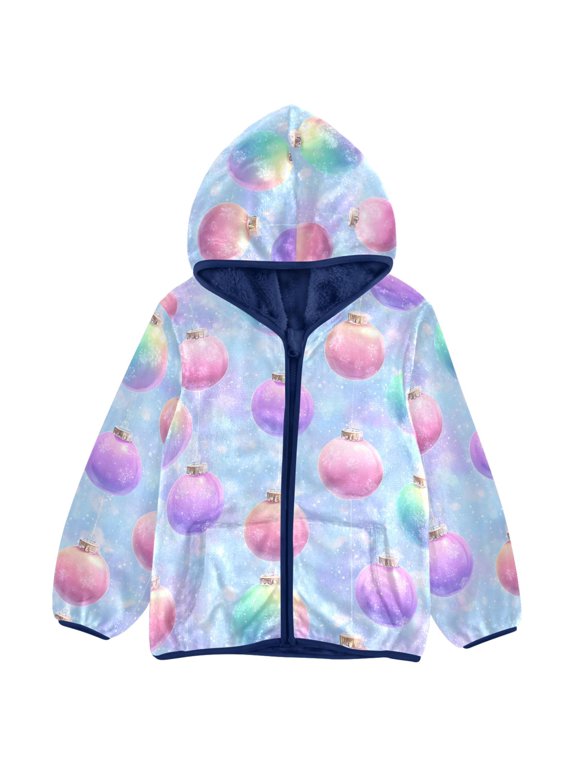Rainbow Christmas Ornaments Toddler Fleece Hooded Jacket Zip Warm Coat 3T