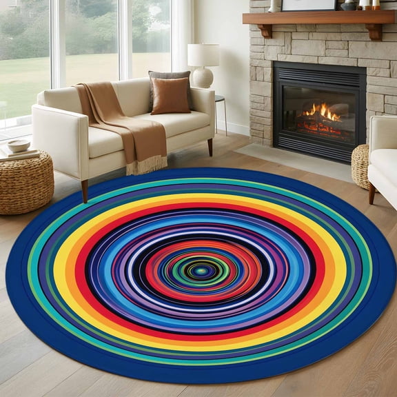 Rainbow Circle Round Living Room Rugs 6 ft, Vintage Colorful Stripes Texture Washable Area Rug with Non-Slip Sturdy Edge Binding Round Carpet for Kitchen Office Bedroom