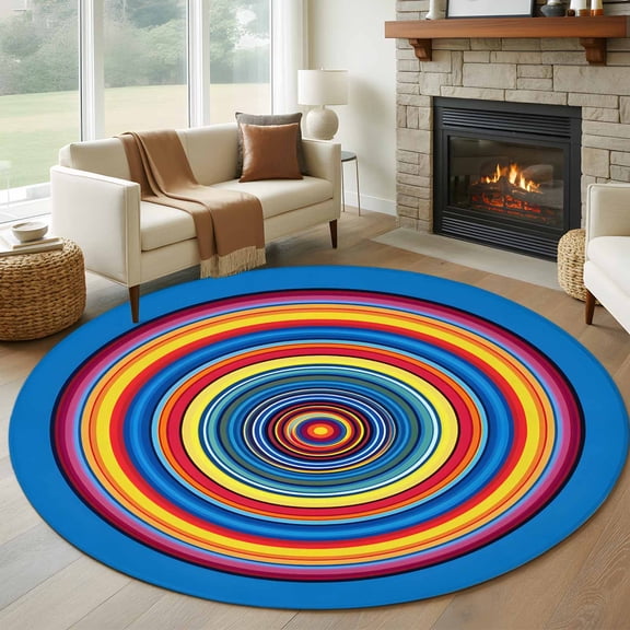 Rainbow Circle Round Living Room Rugs 8 ft, Vintage Colorful Stripes Pattern Washable Large Area Rug with Non-Slip Sturdy Edge Binding Round Carpet for Dining Room Kitchen Office