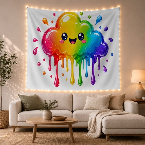 Rainbow Cloud Character with Glossy Paint Drips, Cheerful Illustration for Kids, Colorful Wall Decor, Birthday Gift, Tapestry Wall Hanging for Playroom and Dorm