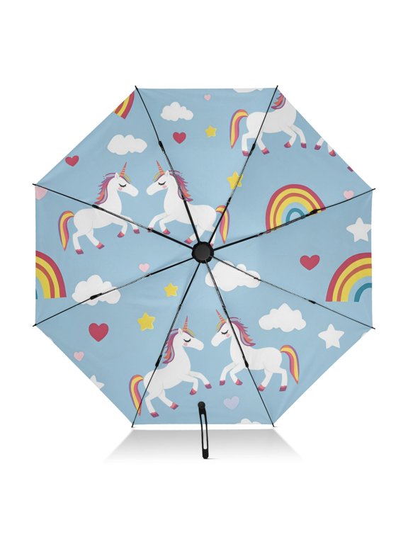 Rainbow Cloud Horse Pattern Umbrella Folding Sun Umbrella Travel Auto Open Close Large UV50+ 40in