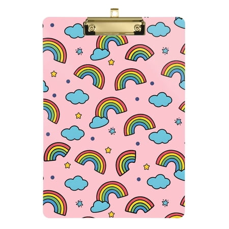 Rainbow Cloud Pattern Acrylic Clipboard Clear Retractable Hook for Office Classroom Gold 12x9in
