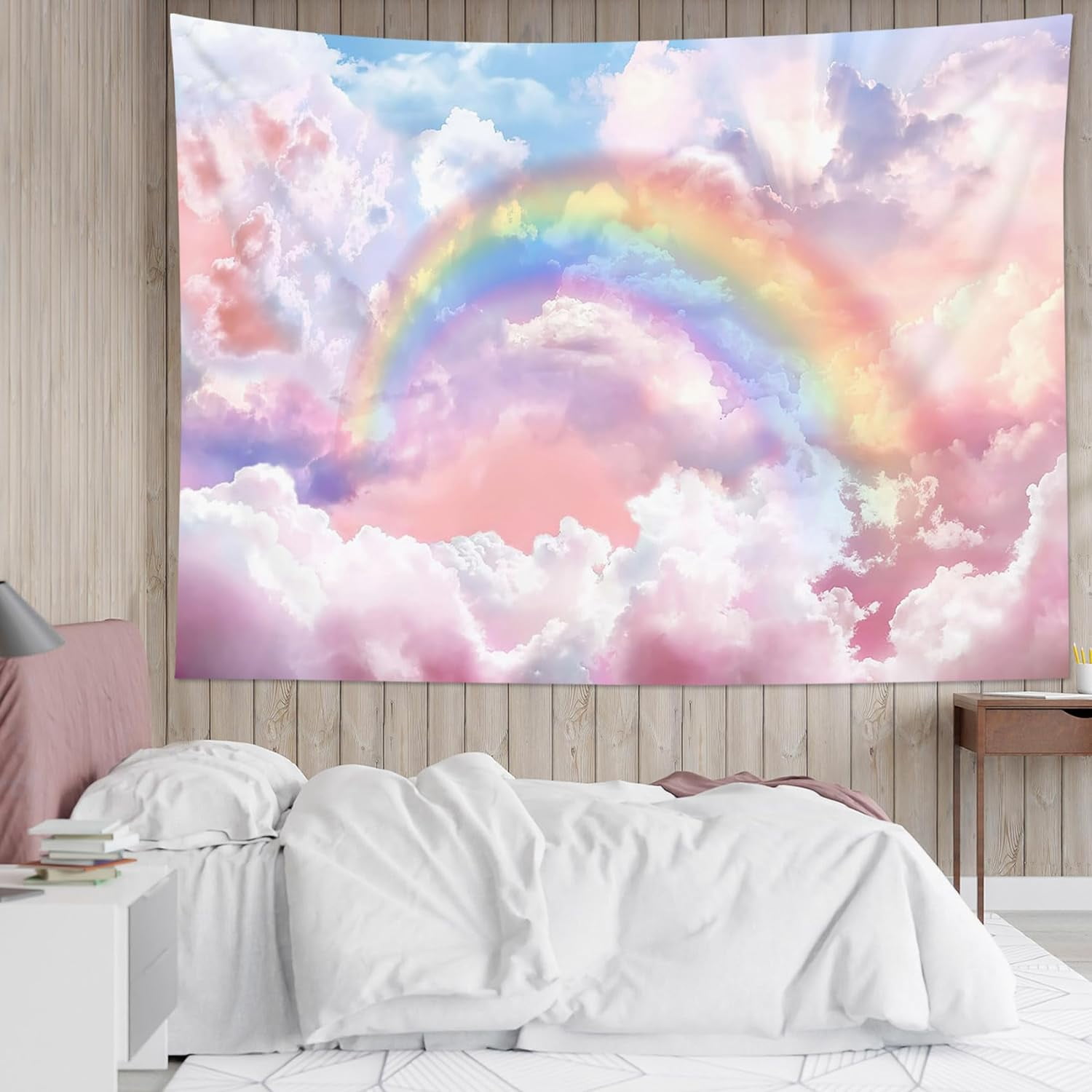 Rainbow Cloud Tapestry Wall Hanging, Rainbow and Pink Cloud Pastel Wall