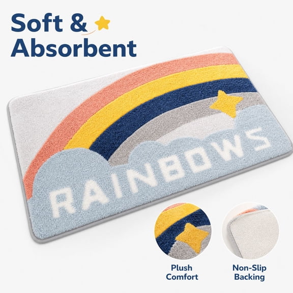 Rainbow Clouds Bath Mat Rugs, Super Absorbent Floor Mat, Water Absorption and Quick Drying, Non Slip Carpet for Bathroom Entrance Door, Soft Comfortable, Shower Rug with Rubber Backing