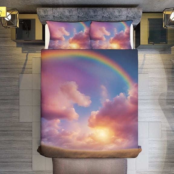 Rainbow Clouds Colorful Sky Quilt Cover Set Fashionable Printed Bedding Covers with Pillowcase Home Textiles, Queen (90"x90")