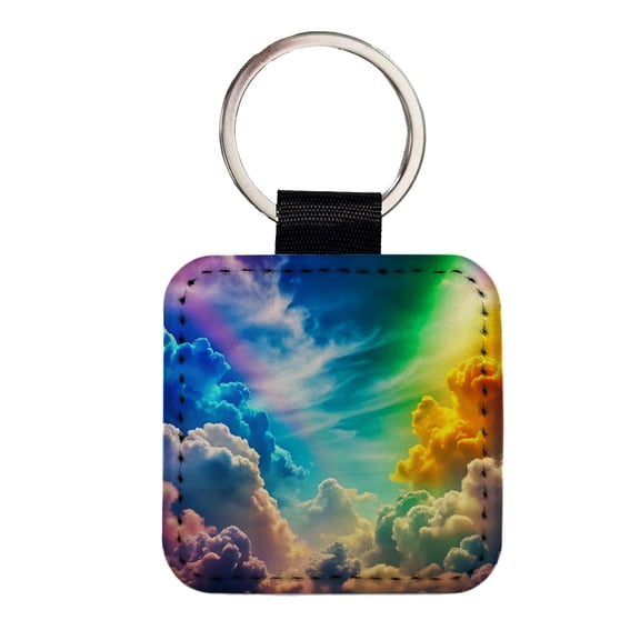 Rainbow Clouds Faux Leather Square Keychain