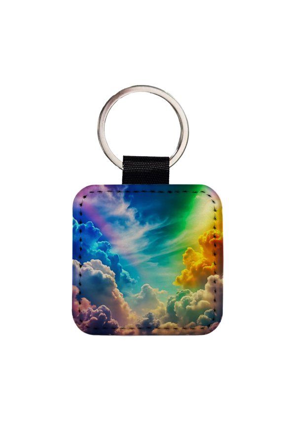 Rainbow Clouds Faux Leather Square Keychain