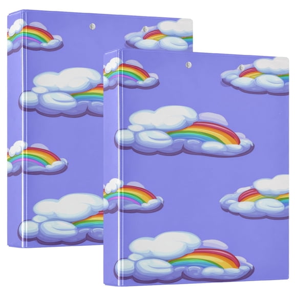 Rainbow Clouds Pattern 12.4x10.6in PVC Round Ring Binder, D-Ring 3-Hole, Metal Clip, 200 Sheets