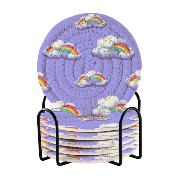 Rainbow Clouds Pattern 4in Bar Coasters Set of 6 with Storage Rack Durable Heat Resistant