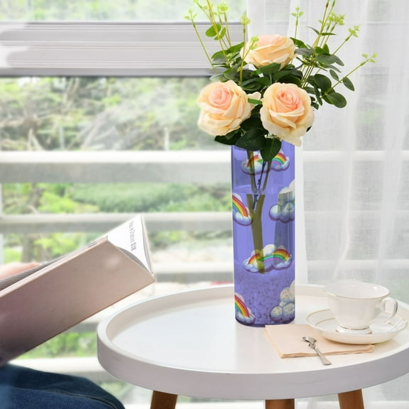 Rainbow Clouds Pattern Plastic Vase 11.8'' x 3.9'' Transparent Non Breakable Decorative for Family