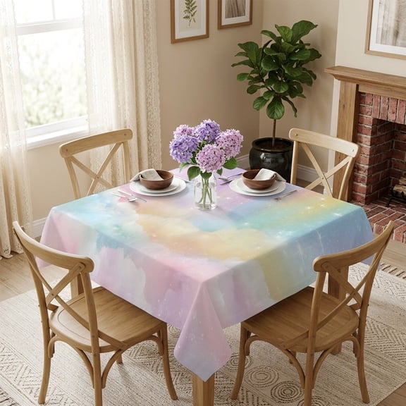 Rainbow Clouds Square Tablecloth 54x54 Inch Fancy Color Sparkling Children's Fun Waterproof Polyester Table Cover, Washable Stain Resistant Tablecloth for Dining Table Kitchen Wedding