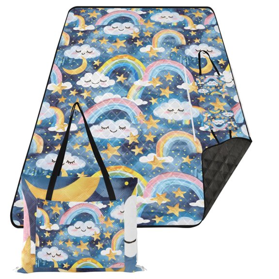 Rainbow Clouds Stars Moon Extra Large Picnic Beach Blanket Waterproof Sand Proof Portable Outdoor Mat 80x118