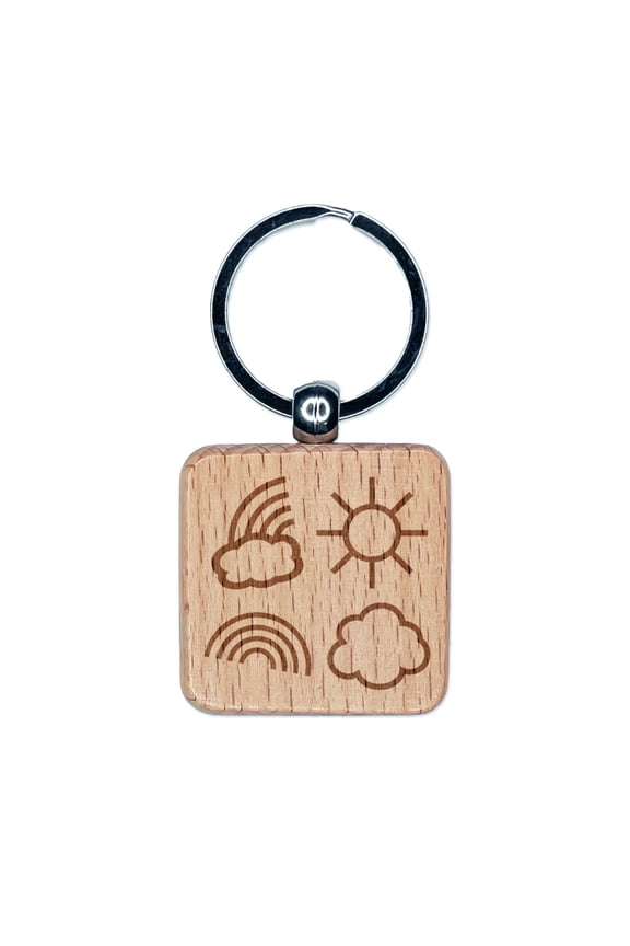 Rainbow Clouds Sun Medley Square Keychain Charm Tag - Engraved Wood