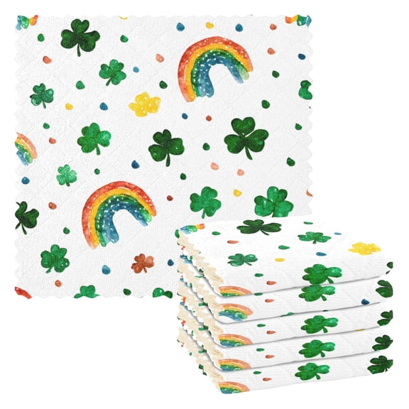 Rainbow Clover Pattern Dish Towels 6 Pack Kitchen Cleaning Dish Cloths Absorbent Reuseable Cleaning Cloths 11'' x 11''