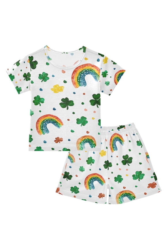 Rainbow Clover Pattern Summer Pajama Set Soft Cotton Short Sleeve Sleepwear 2PCS Pajama Sets Breathable Lounge Set Size 8Y