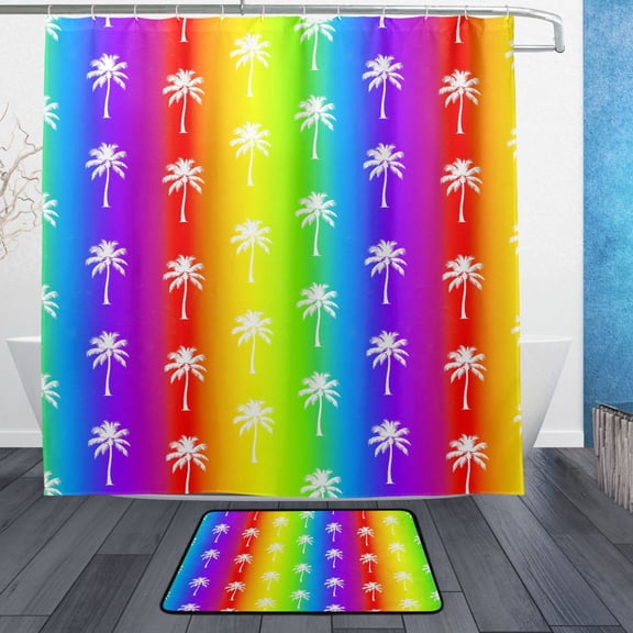 Rainbow Coconut Tree Pattern Bathroom Accessory Sets Waterproof Shower Curtain with Absorbent Non-Slip Rug