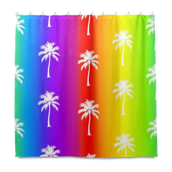 Rainbow Coconut Tree Pattern Shower Curtain Liners Waterproof 72 Inch with C Shaped Curtain Hooks