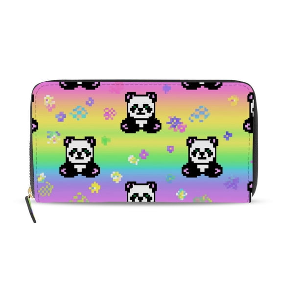 Rainbow Color Background Pixel Cute Pandas Women's Long Zipper Wallet Bifold Clutch Purse PU Leather Card Cases
